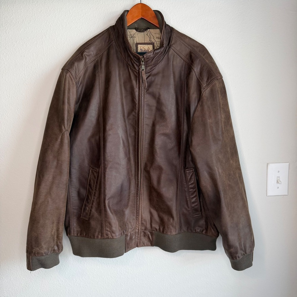 Jos A Bank Brown Leather Bomber Jacket World Map Lining XXL Vintage 90s Aviator